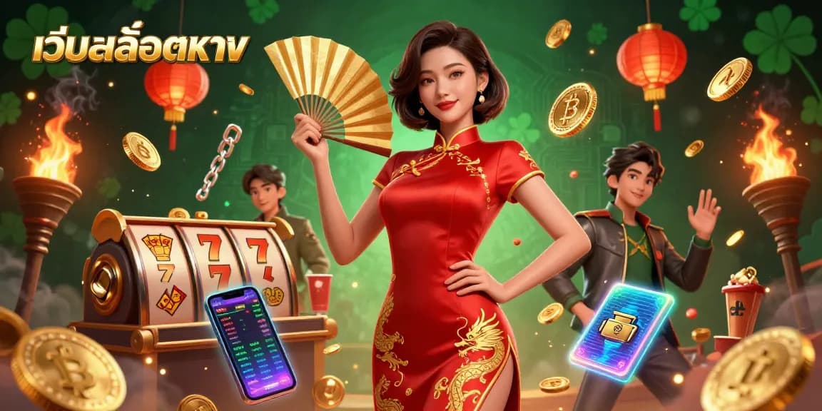 Engage with เว็บสล็อตตรง as beautiful Asian woman in qipao holds a fan amidst slot reels and coins.