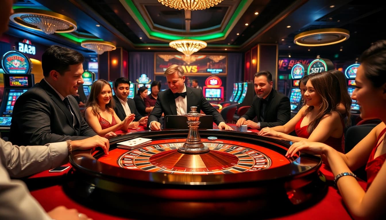 A thrilling casino scene at https://kk55.group with players at a roulette table, chips, and vibrant lights.
