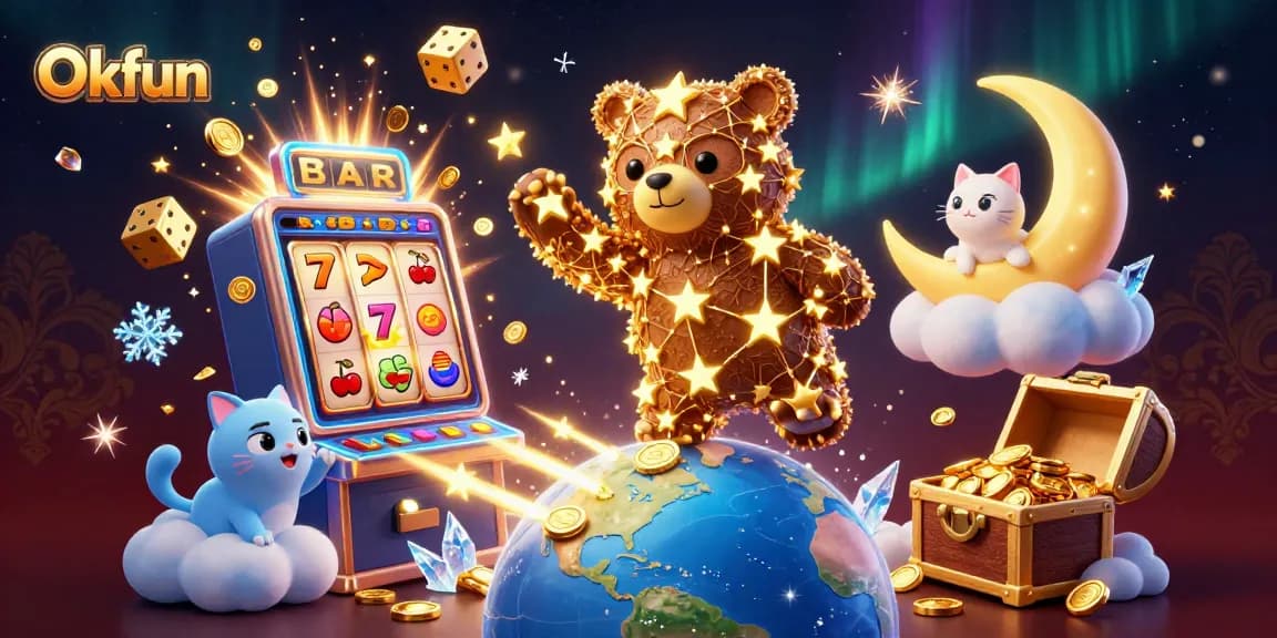 Win big at Okfun with a spectacular jackpot-themed illustration showcasing excitement and dynamic gaming elements.