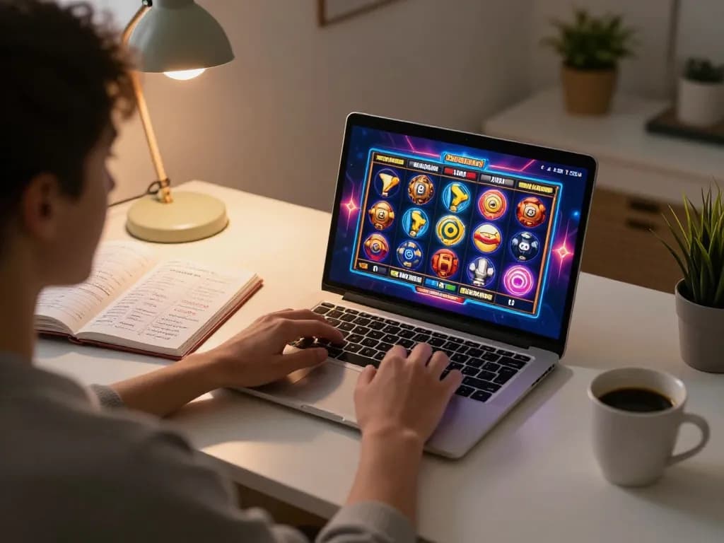 Engaged player enjoying situs slot games on laptop with strategic notes visible in cozy home setting