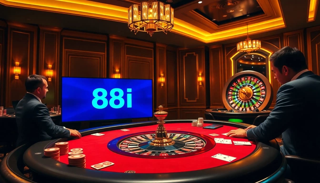 Players strategizing at a poker table in a vibrant 88i casino scene.