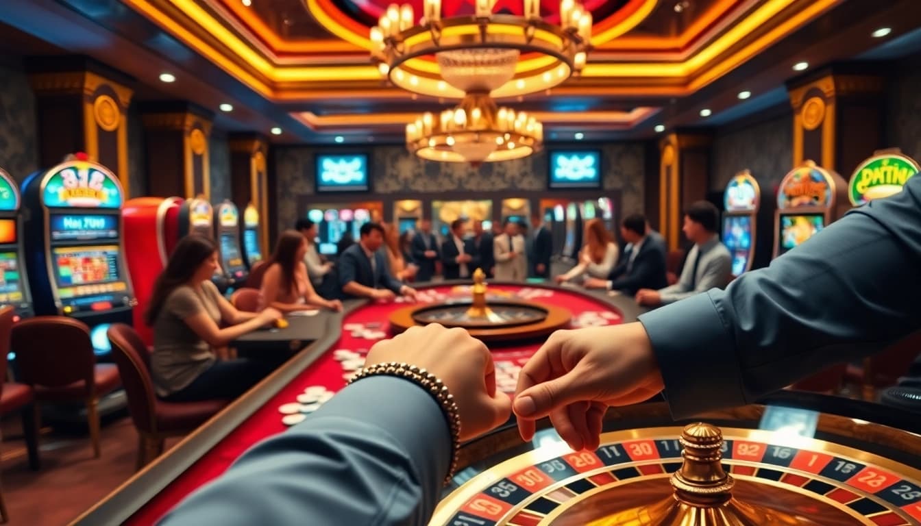 Para pemain merayakan Kemenangan Datuk di meja kasino yang meriah penuh chip dan kegembiraan.