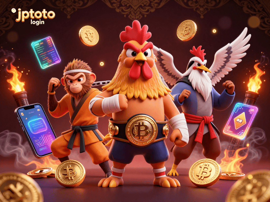 See the vibrant scene of jptoto login as a 3D cartoon illustration featuring gaming characters and crypto elements.
