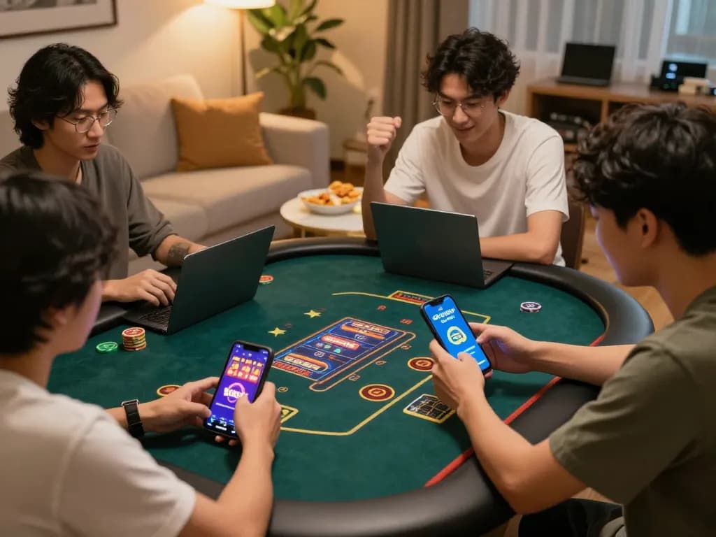 Players celebrating wins on situs gacor during online gaming in a cozy home setting