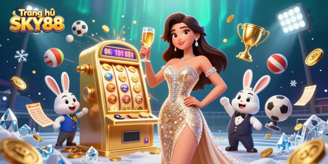 Experience the excitement of Trang chủ SKY88 with a stunning woman and a jackpot slot machine.