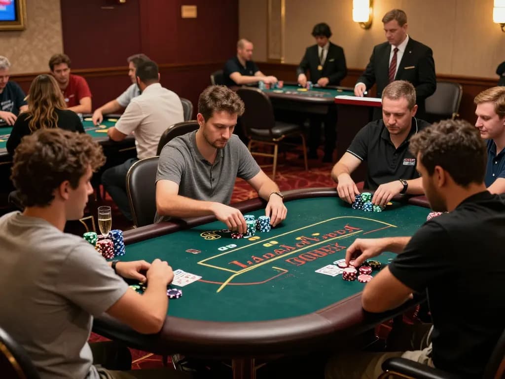 Pemain yang merancang strategi atas Texas Hold'em dengan fokus enoughof di kasino mewah.