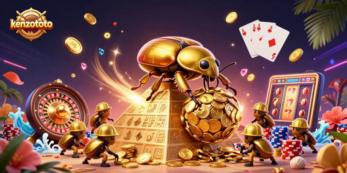 Kenzototo showcases a vibrant casino scene with a golden dung beetle and casino symbols, celebrating jackpot excitement.
