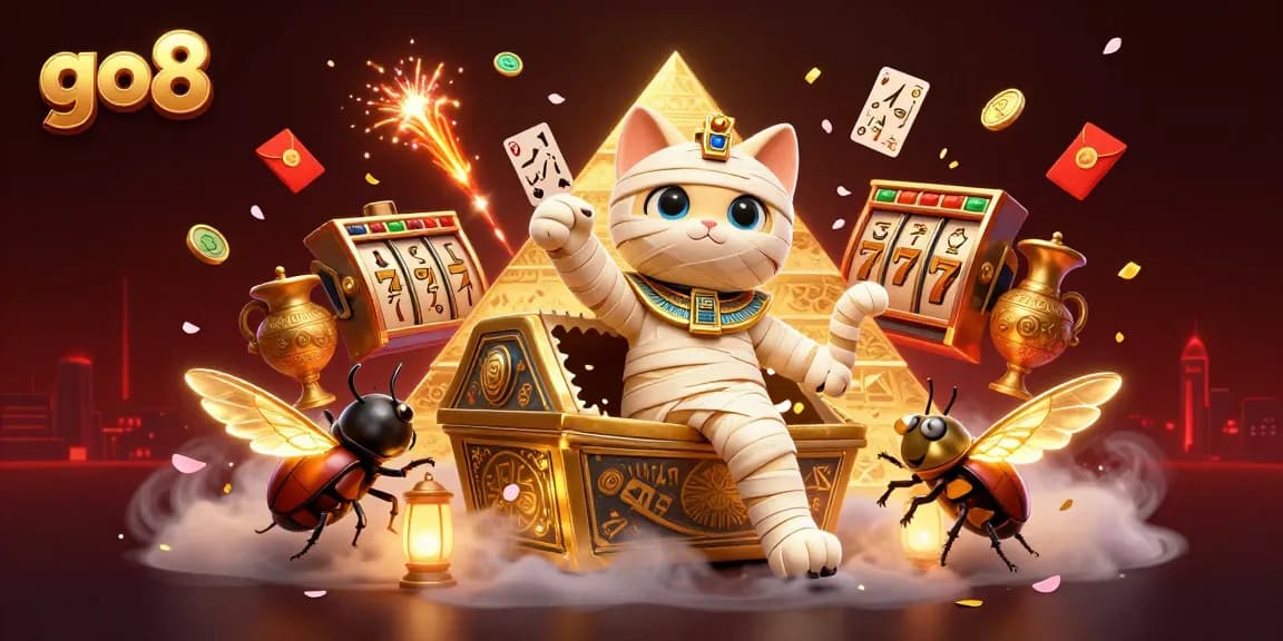 Engage in thrilling gaming experiences at go8 with an Egyptian mummy cat and exciting slot elements!