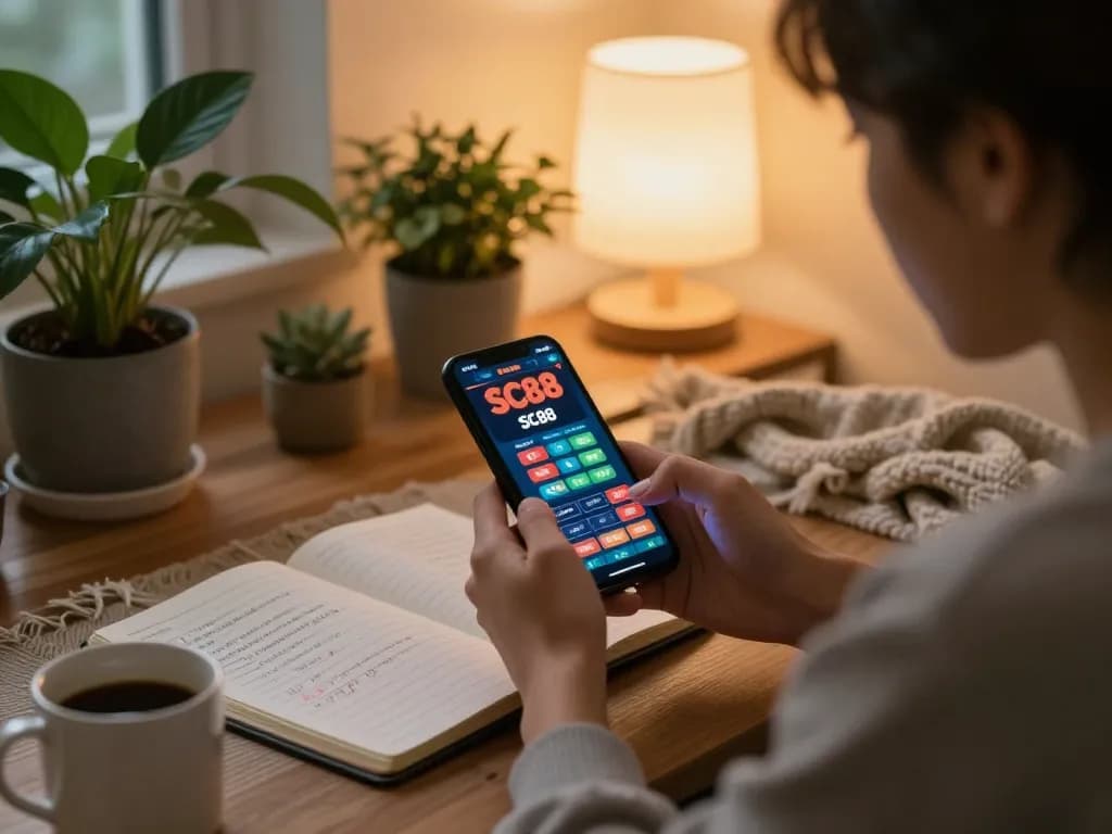 Player enjoying SC88 mobile casino game on smartphone while relaxing at home.