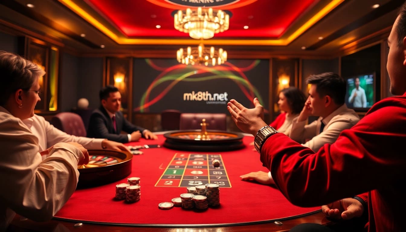 A player celebrating a win at a luxurious poker table on mk8th.net, surrounded by vibrant chips and a roulette wheel.