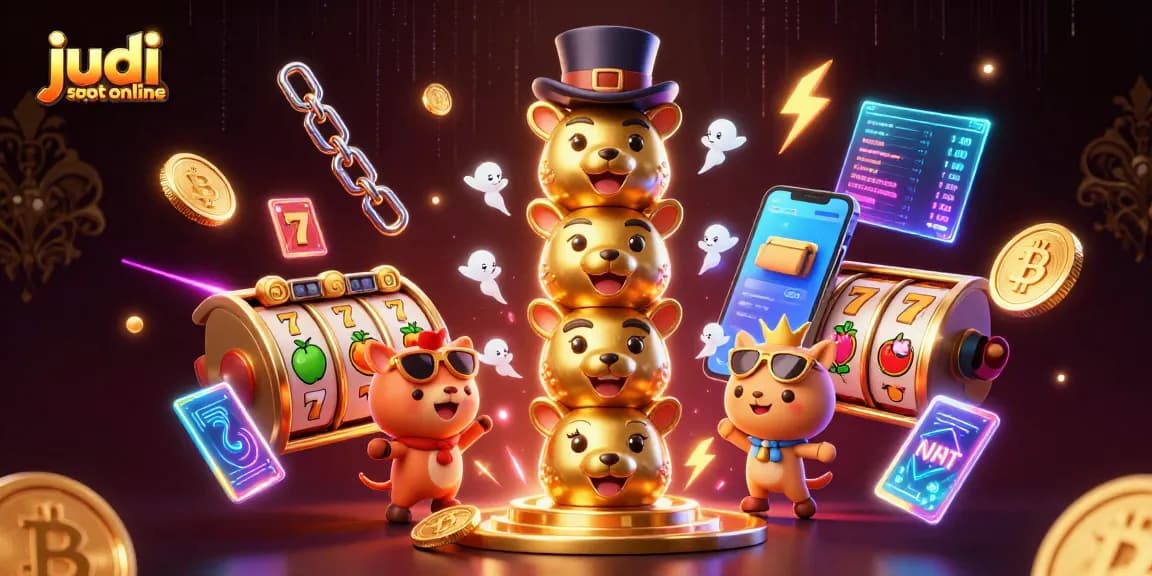 Permainan judi slot online dengan simbol jackpot dan koin Bitcoin yang bersinar.