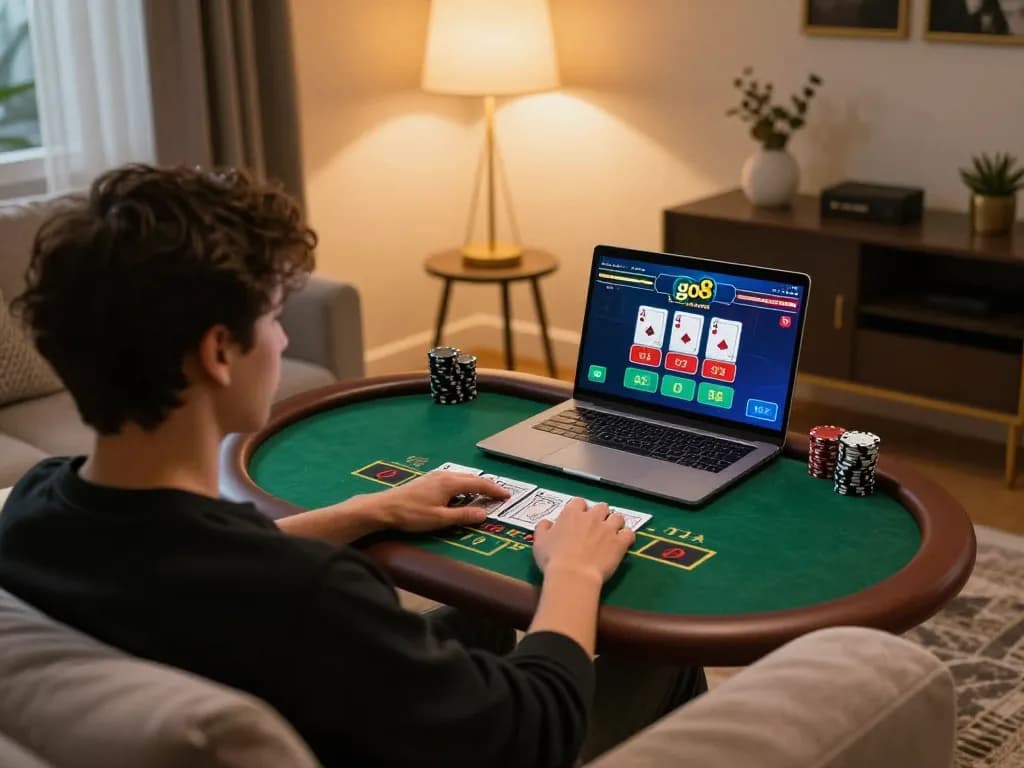 Player enjoying live dealer blackjack on go8 platform in a cozy home setting.
