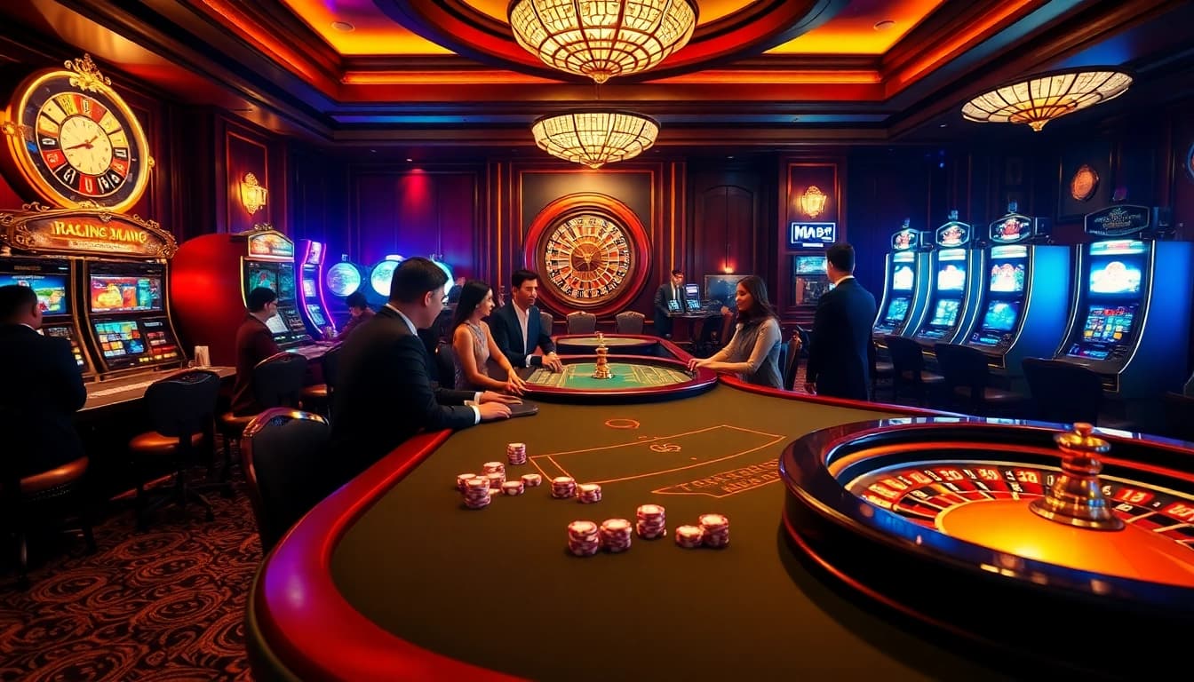 Engaged players at a Mu88 poker table in a luxurious casino atmosphere filled with exciting gambling elements.