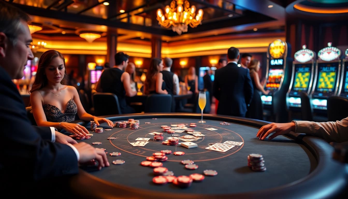 Permainan kasino landaktoto melibatkan pemain di meja poker yang elegan, dikelilingi kemewahan.