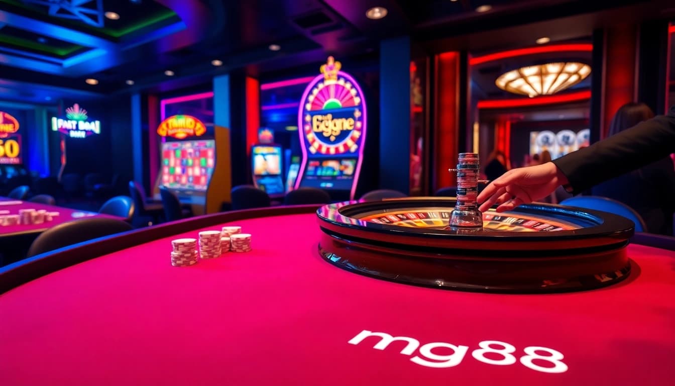 Experience the thrills of mg188 as players engage with roulette and slots in a luxurious casino atmosphere.