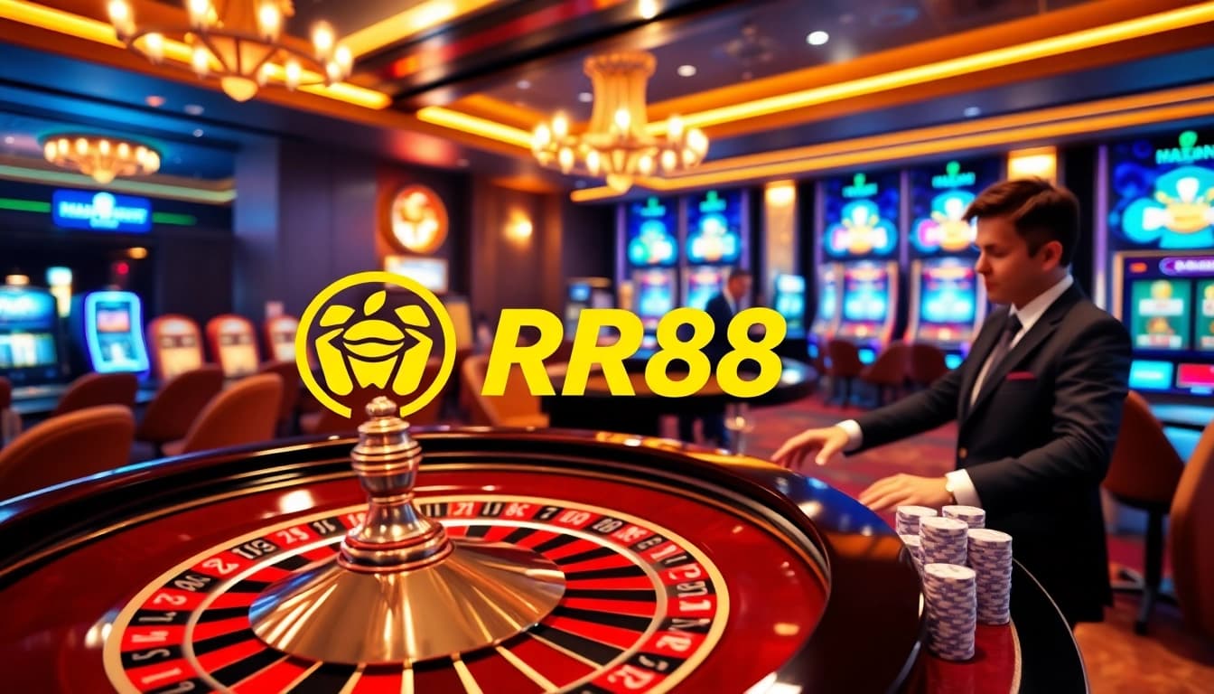 Experience the thrill of Nhà Cái RR88 with engaging casino visuals and vibrant gambling elements.