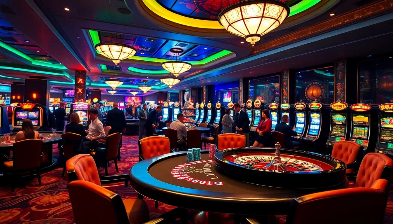 Engaged players at https://b52.za.com/ enjoying a vibrant casino scene with poker and roulette.
