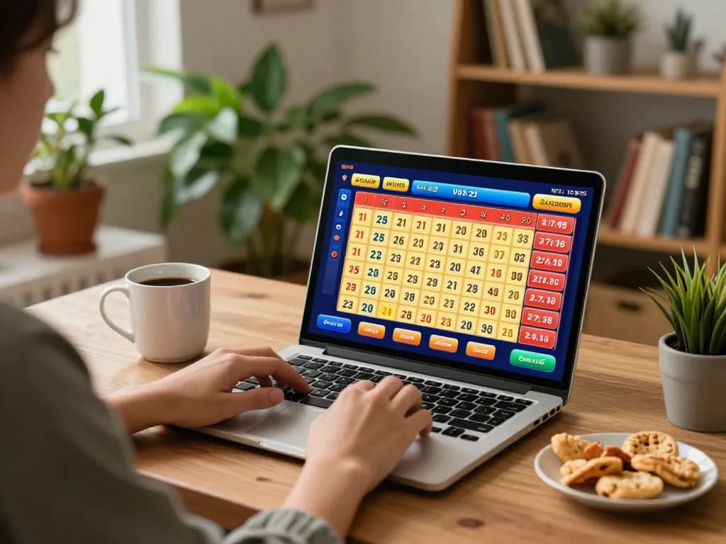 Lô đề online gameplay on a laptop in a cozy home office setting with snacks and warm lighting.