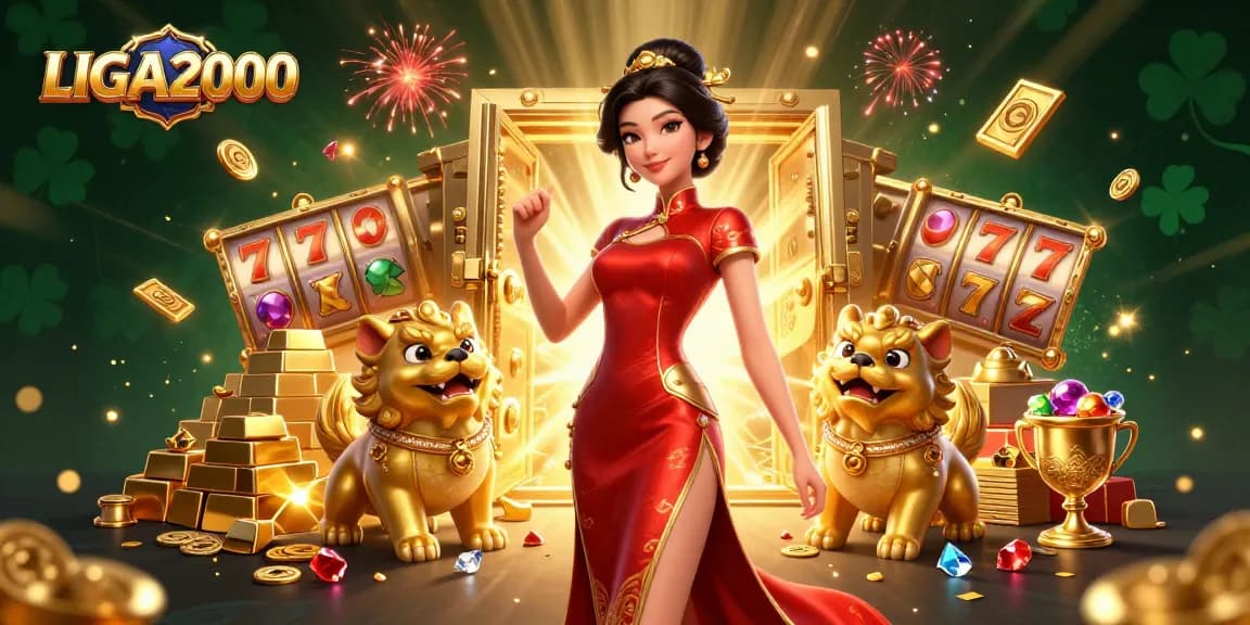 LIGA2000 menampilkan seorang wanita Asia yang glamor merayakan kemenangan besar dengan mesin slot dan kembang api.