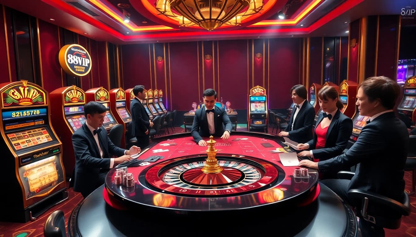 Exciting casino action at 68VIP with poker chips and roulette wheel in a luxurious setting.