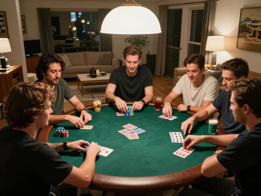 Engaging poker game scene with friends showcasing m118 strategies and excitement at a home gathering.