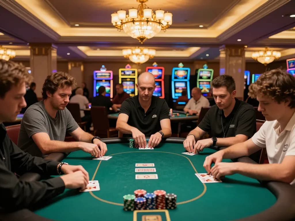 Players engaged in a tense poker game showcasing a Chatgpt caricature theme in a luxurious casino setting.