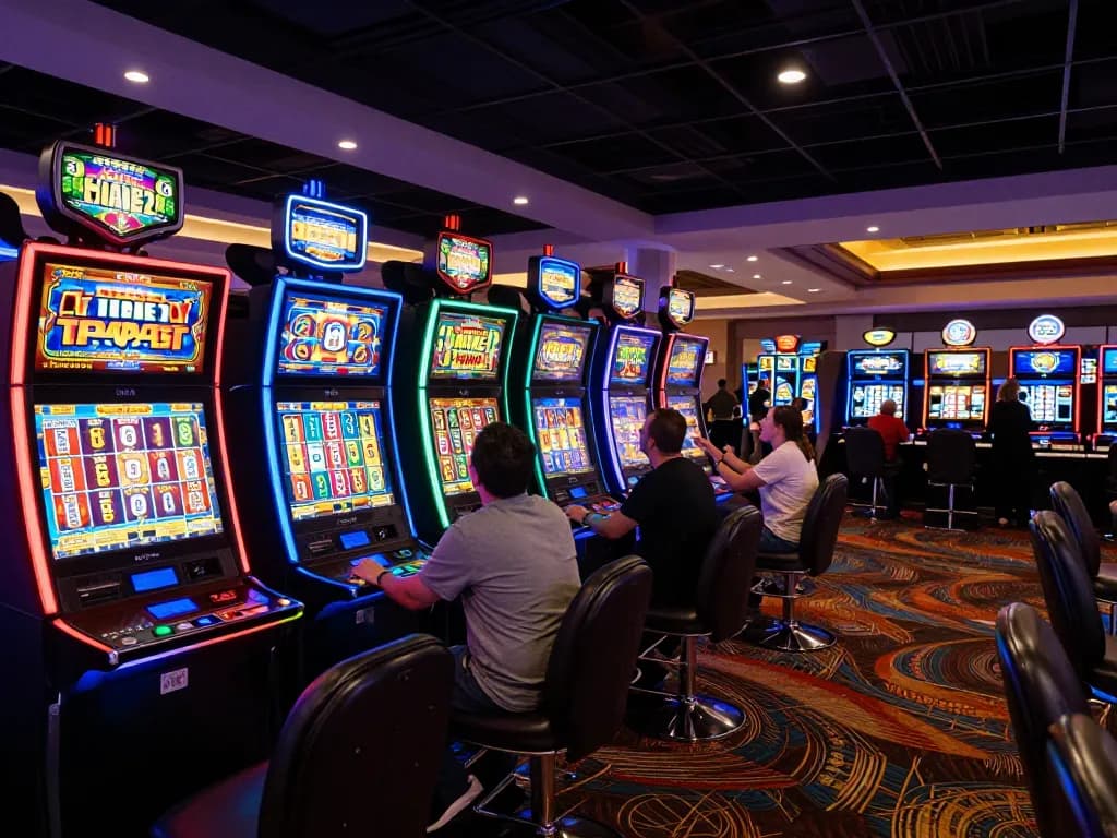 IDCASH88 slot machines lighting up with wins, players cheering at vibrant casino
