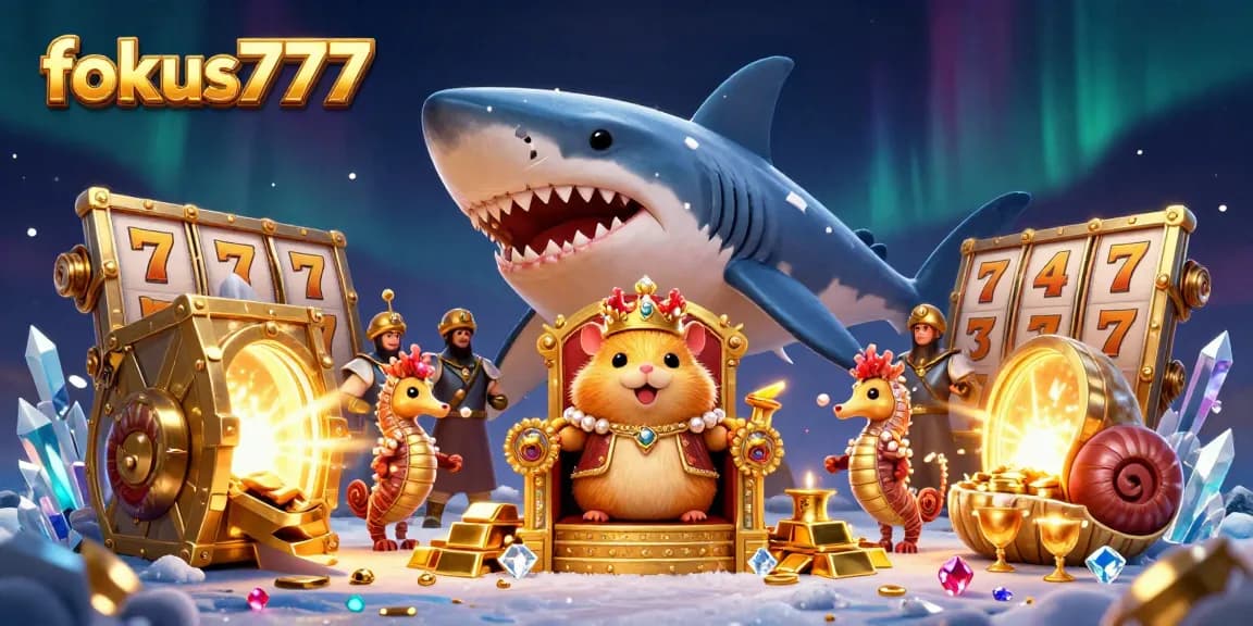 Engage with fokus777's thrilling gaming experience featuring a vibrant hamster king throne, treasure vaults, and dynamic casino elements.