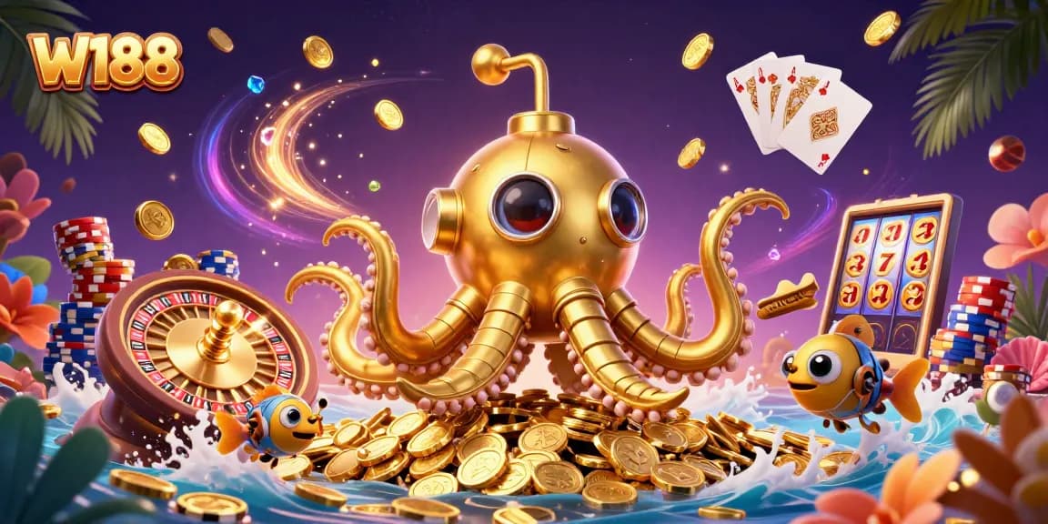 Experience thrilling gameplay at W188 with a golden kraken and exciting casino elements.