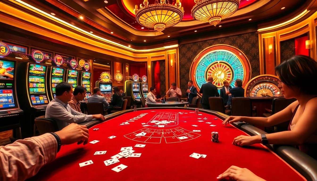 Experience thrilling gameplay at 7C77 one with vibrant casino tables, exciting slots, and luxurious ambiance.