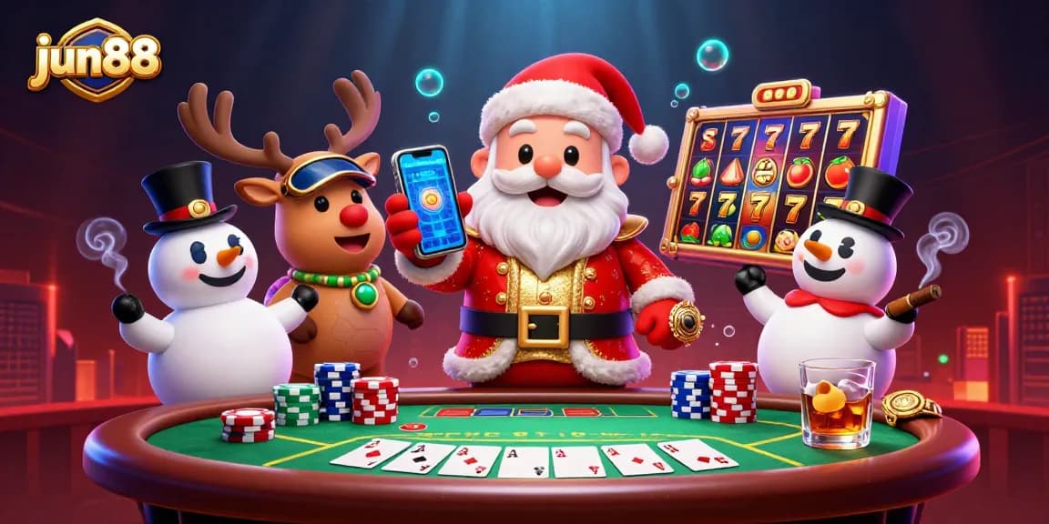 Experience jackpot thrills at jun88 with Santa and poker-themed fun!