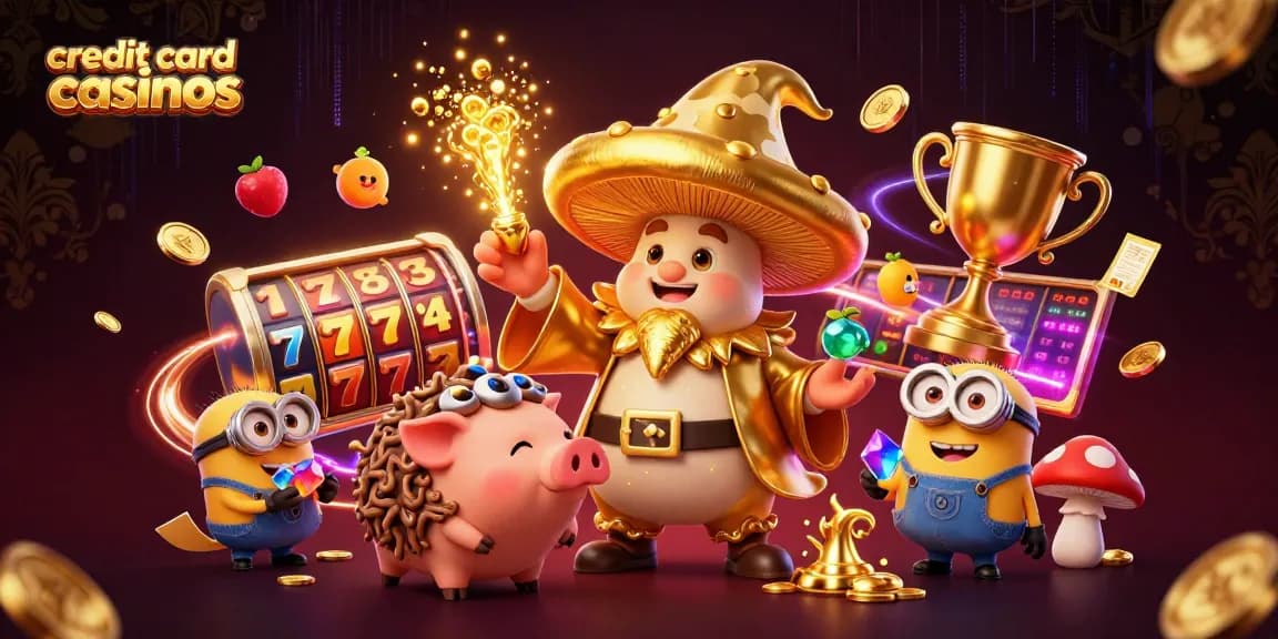 Engage with top credit card casinos featuring golden wizard, treasures, and vibrant casino elements.