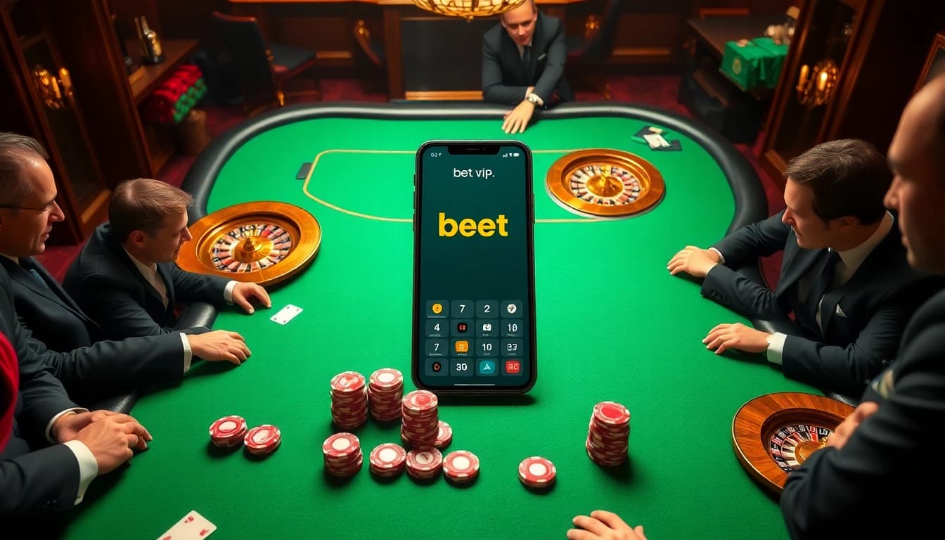 Ứng dụng bet vip được hiển thị trong một cảnh sòng bạc sang trọng, nổi bật sự phấn khích của cược với số tiền lớn.
