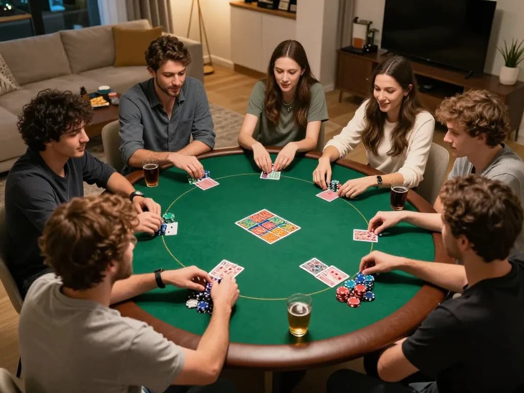 Jun88 players engaging in a lively home poker game with chips and cards on the table.
