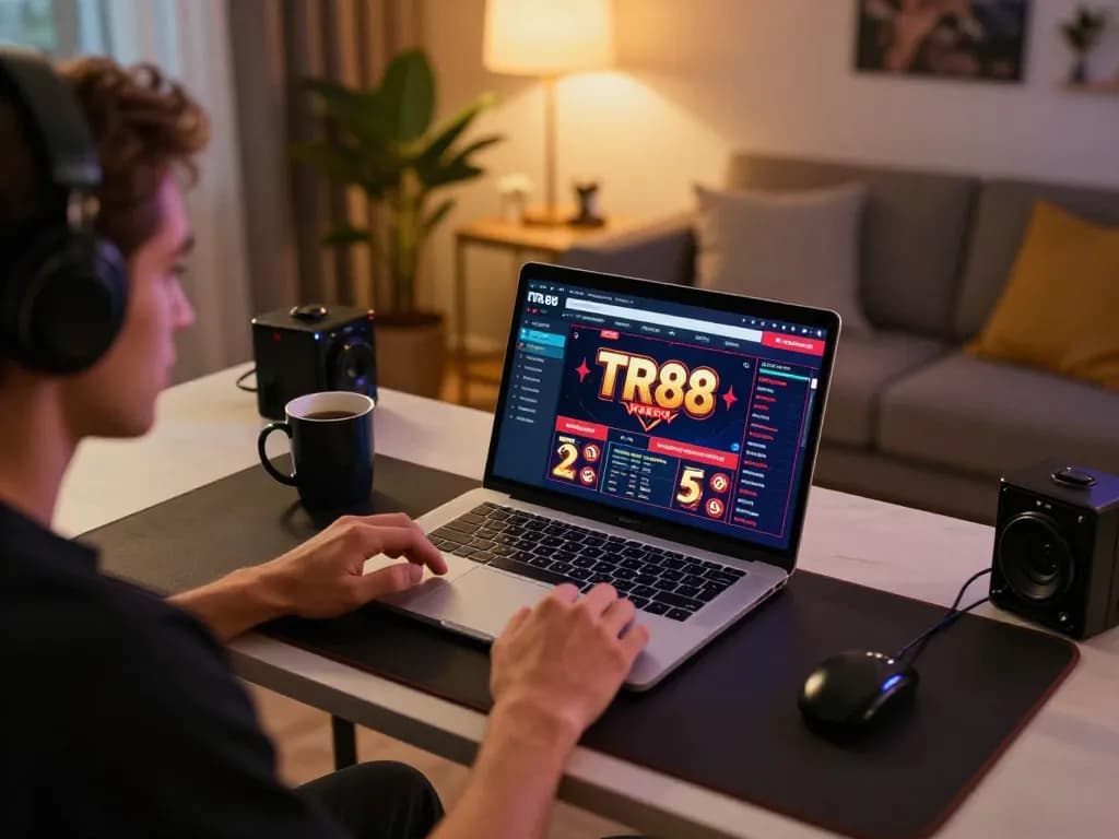 Engaging in online gaming at TR88 with a modern laptop setup and cozy atmosphere
