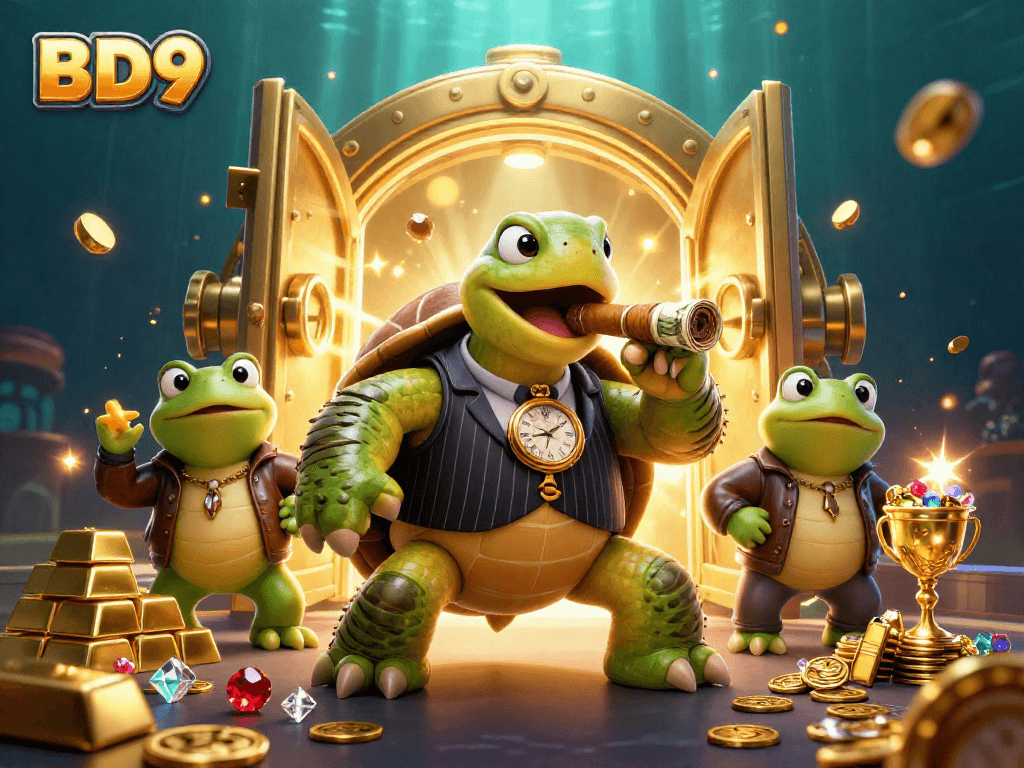 Engage with BD9 as the cartoon turtle embraces casino excitement and winning treasures.