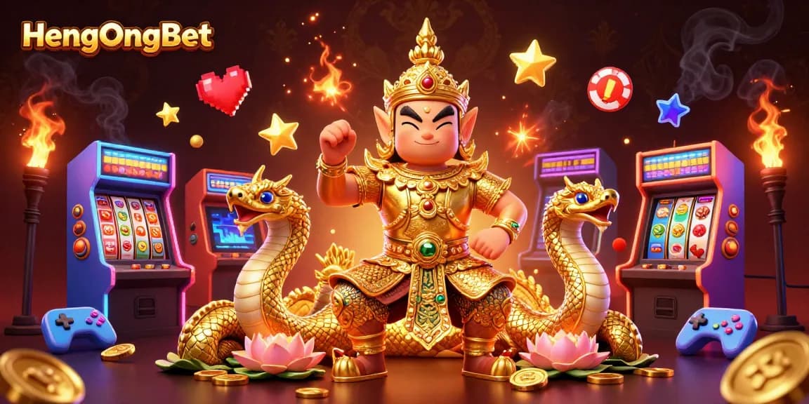 Experience HengOngBet with vibrant slot elements, golden guardian, and dynamic gaming action.
