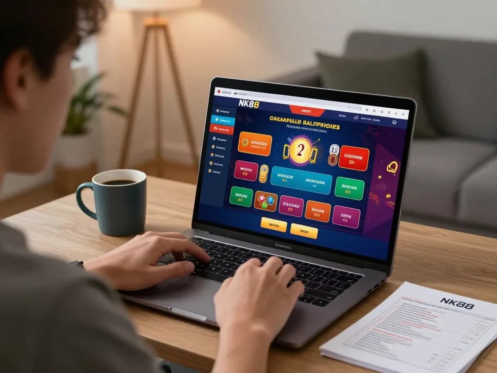 Engaging in online gambling on the NK88 platform while analyzing strategies at home.
