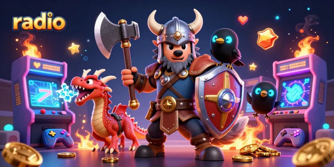 Explore thrilling gambling action at WIN79 radio with cartoon Viking, dragon, and coins.