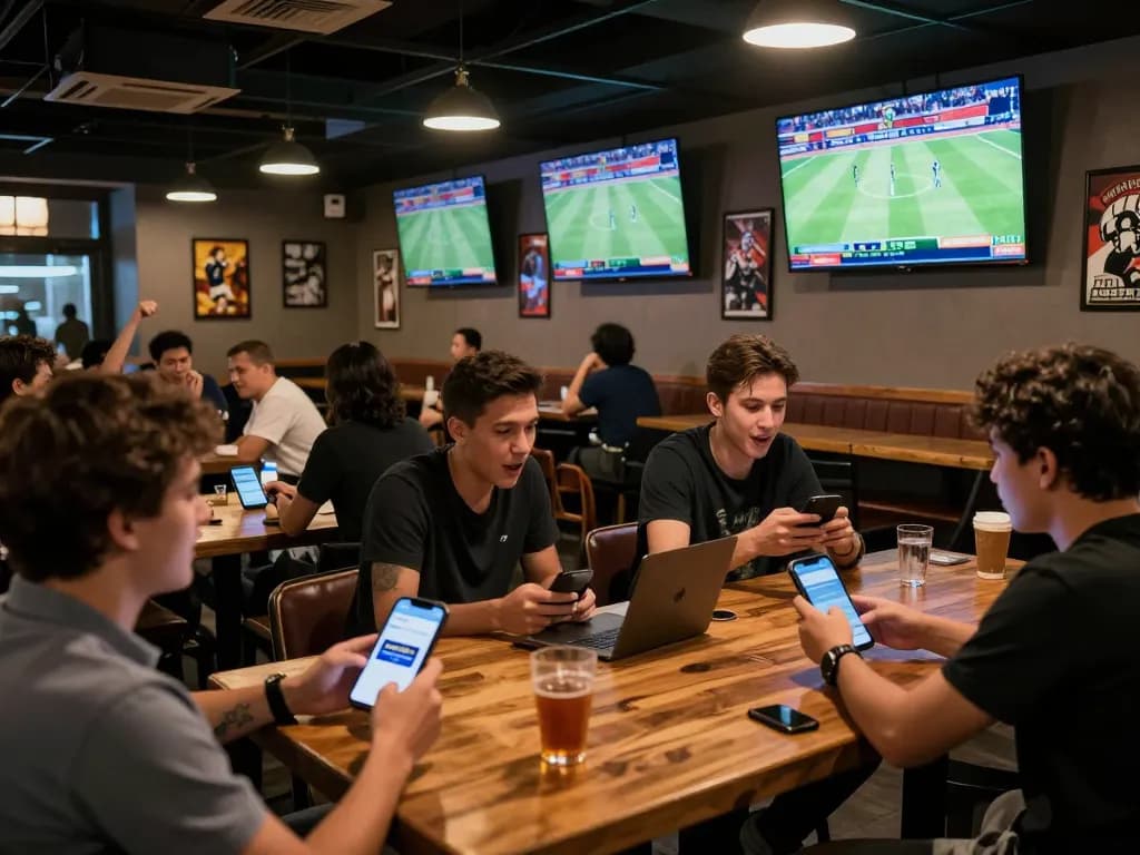 Engaged sports fans placing bets on net88 app during live event at a vibrant sports bar.