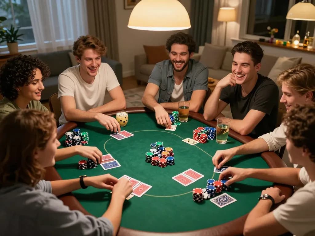 Friends enjoying a poker night with chips and cards, engaging social atmosphere at 789win2