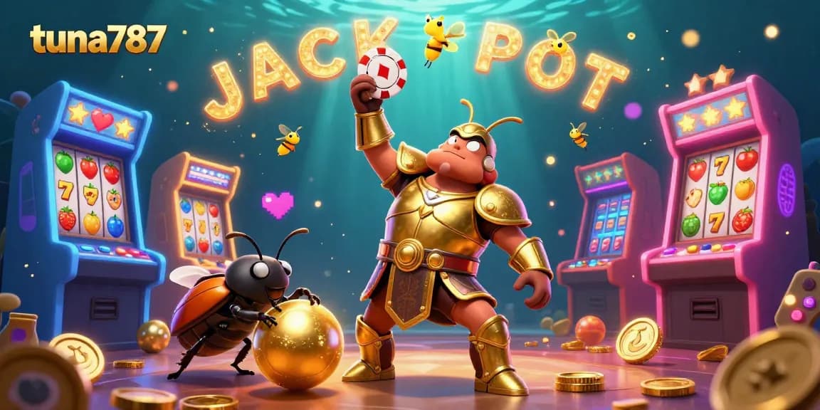 Tuna787 menghadirkan sosok kumbang hercules dalam armor emas meraih chip poker, dikelilingi mesin slot berkilau.