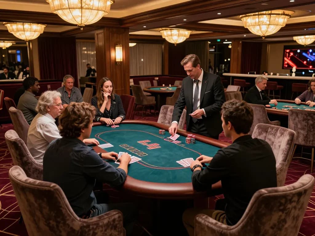 GG88 players enjoying a high-stakes poker game in an upscale casino VIP area with elegant decor.