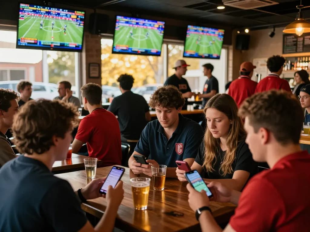 Betting enthusiasts analyzing odds on keonhacai during a thrilling sports game at a lively bar.