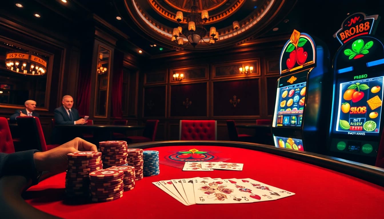 Engage in thrilling poker at Bro138's luxurious casino, showcasing exciting card games.