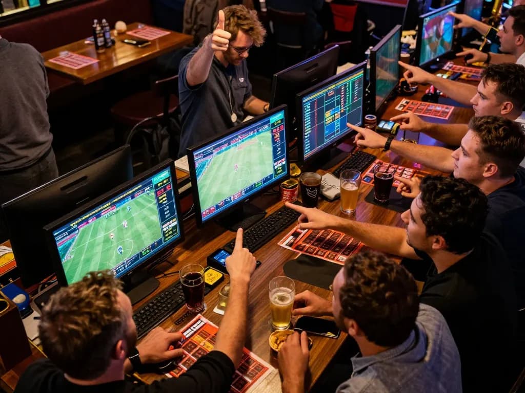 Tỷ lệ kèo nhà cái 5 shown on screens in a vibrant sports betting atmosphere, lively patrons engaged.