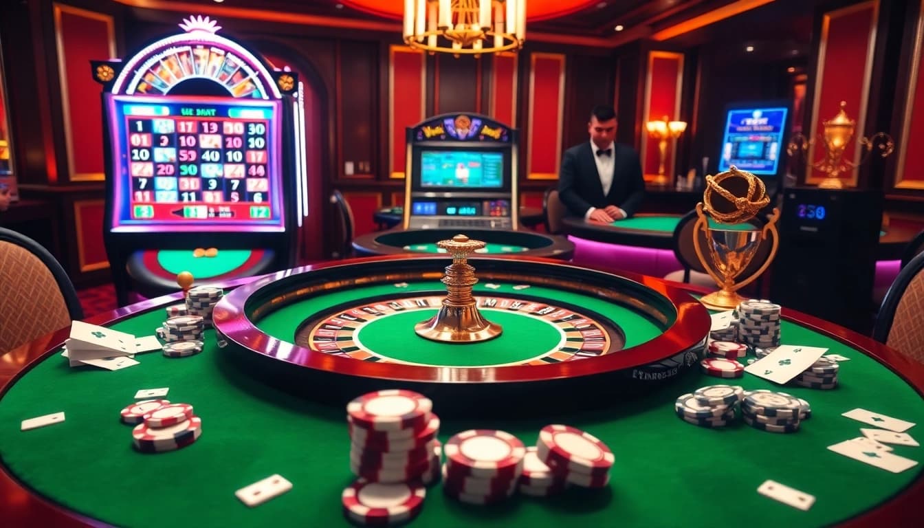 Engage in exciting gambling strategies at https://kk55.blue/ with a vivid casino scene featuring roulette and poker.