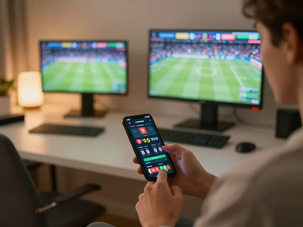 af88 user placing sports bets on smartphone in modern home office setting