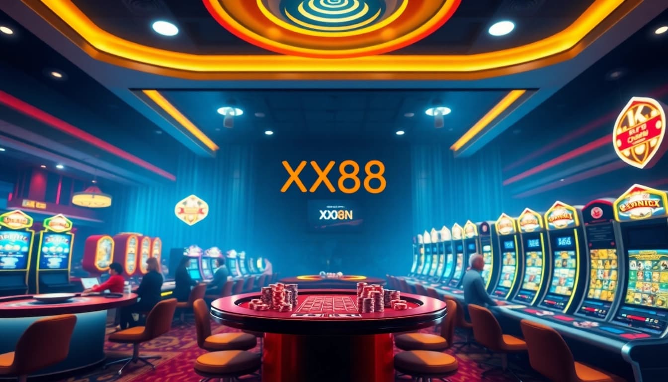 Exciting scene of Nhà cái xx88 online casino showcasing vibrant gaming tables and live dealers in an inviting atmosphere.