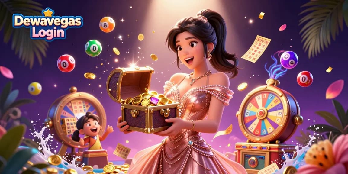 Dewavegas Login offers an exciting gaming experience with vibrant scenes of a joyful Asian woman revealing treasures, golden coins, and thrilling game elements.